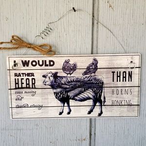 Country Wood Sign. Cow Chicken Hen Barn Field Farm
